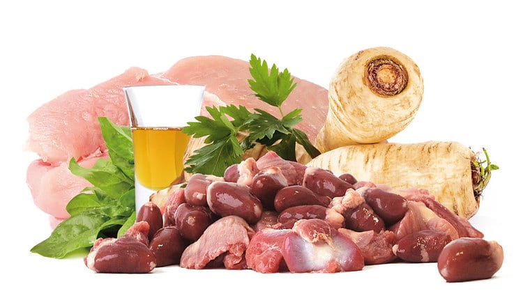 BARF Rezept mit Allerlei vom Geflügel mit Pastinake & Feldsalat